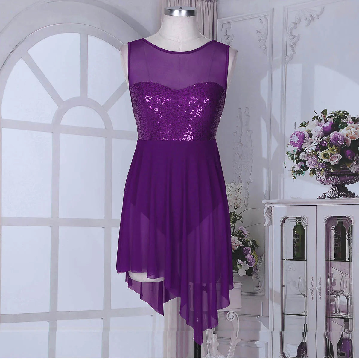 Sleeveless Sequin Ballet Dress for Women – Lyrical Dance Leotard with Crisscross Back and Asymmetrical Mesh Skirt