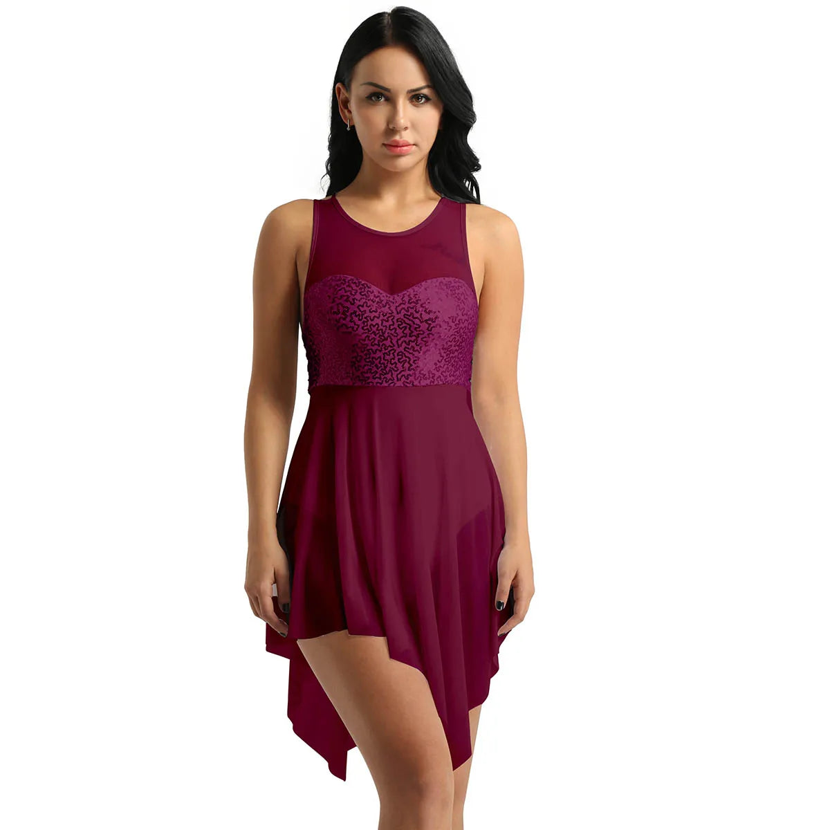 Sleeveless Sequin Ballet Dress for Women – Lyrical Dance Leotard with Crisscross Back and Asymmetrical Mesh Skirt