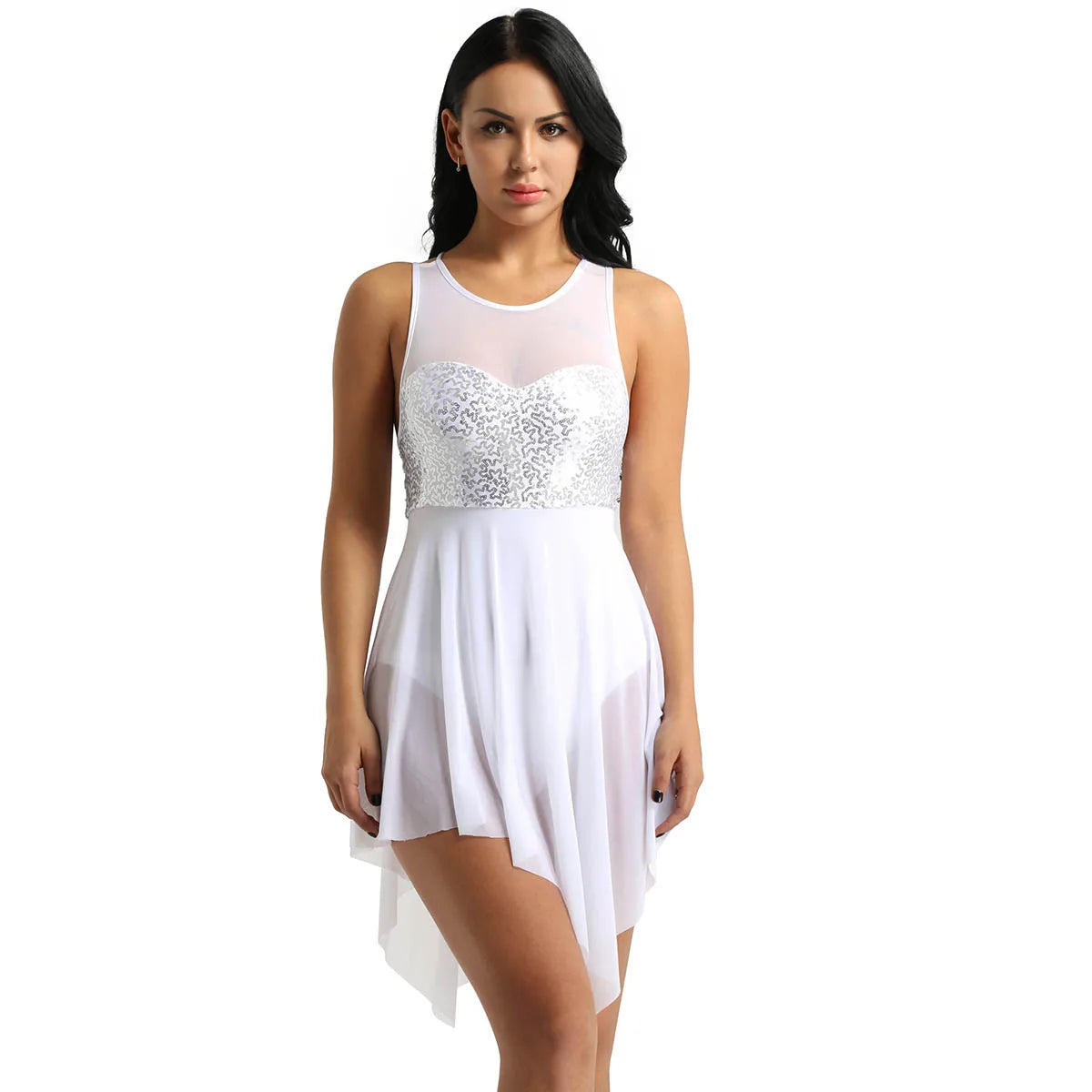 Sleeveless Sequin Ballet Dress for Women – Lyrical Dance Leotard with Crisscross Back and Asymmetrical Mesh Skirt