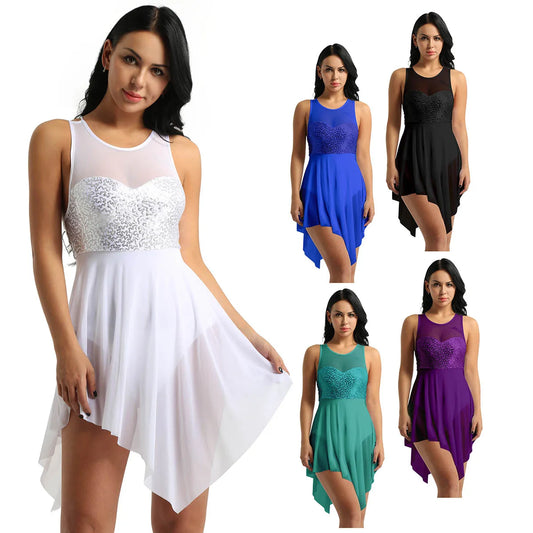 Sleeveless Sequin Ballet Dress for Women – Lyrical Dance Leotard with Crisscross Back and Asymmetrical Mesh Skirt