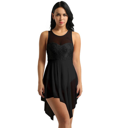 Sleeveless Sequin Ballet Dress for Women – Lyrical Dance Leotard with Crisscross Back and Asymmetrical Mesh Skirt