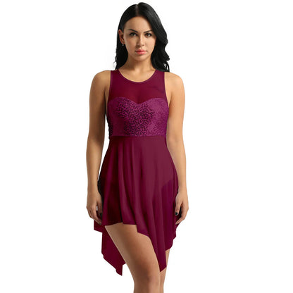 Sleeveless Sequin Ballet Dress for Women – Lyrical Dance Leotard with Crisscross Back and Asymmetrical Mesh Skirt