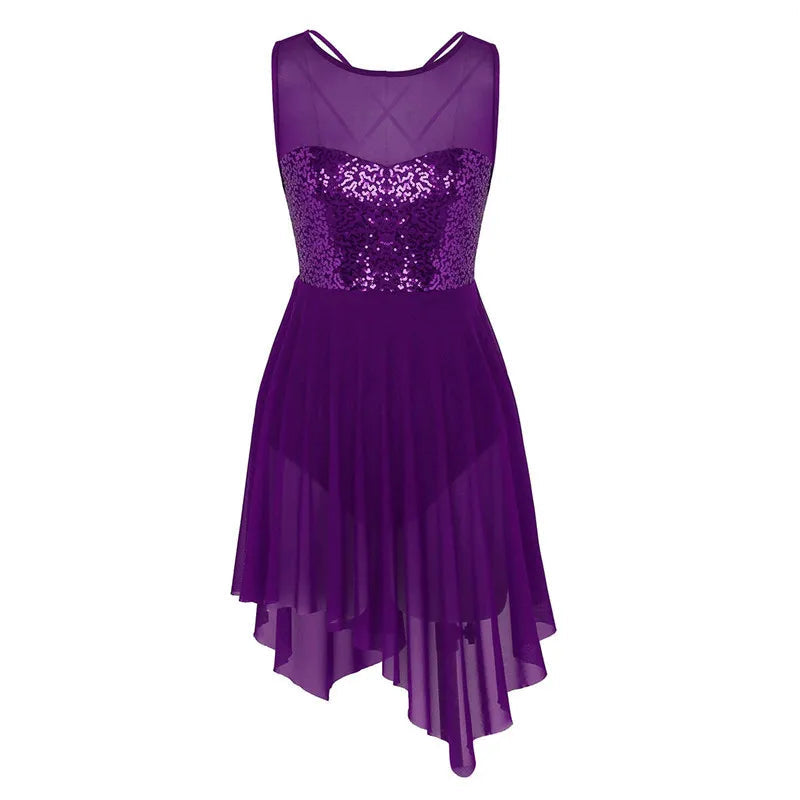Sleeveless Sequin Ballet Dress for Women – Lyrical Dance Leotard with Crisscross Back and Asymmetrical Mesh Skirt