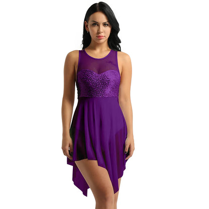 Sleeveless Sequin Ballet Dress for Women – Lyrical Dance Leotard with Crisscross Back and Asymmetrical Mesh Skirt