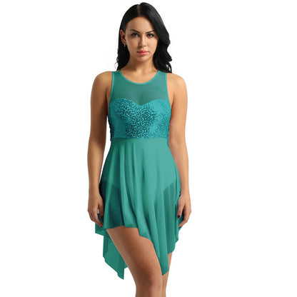 Sleeveless Sequin Ballet Dress for Women – Lyrical Dance Leotard with Crisscross Back and Asymmetrical Mesh Skirt