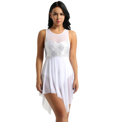 Sleeveless Sequin Ballet Dress for Women – Lyrical Dance Leotard with Crisscross Back and Asymmetrical Mesh Skirt
