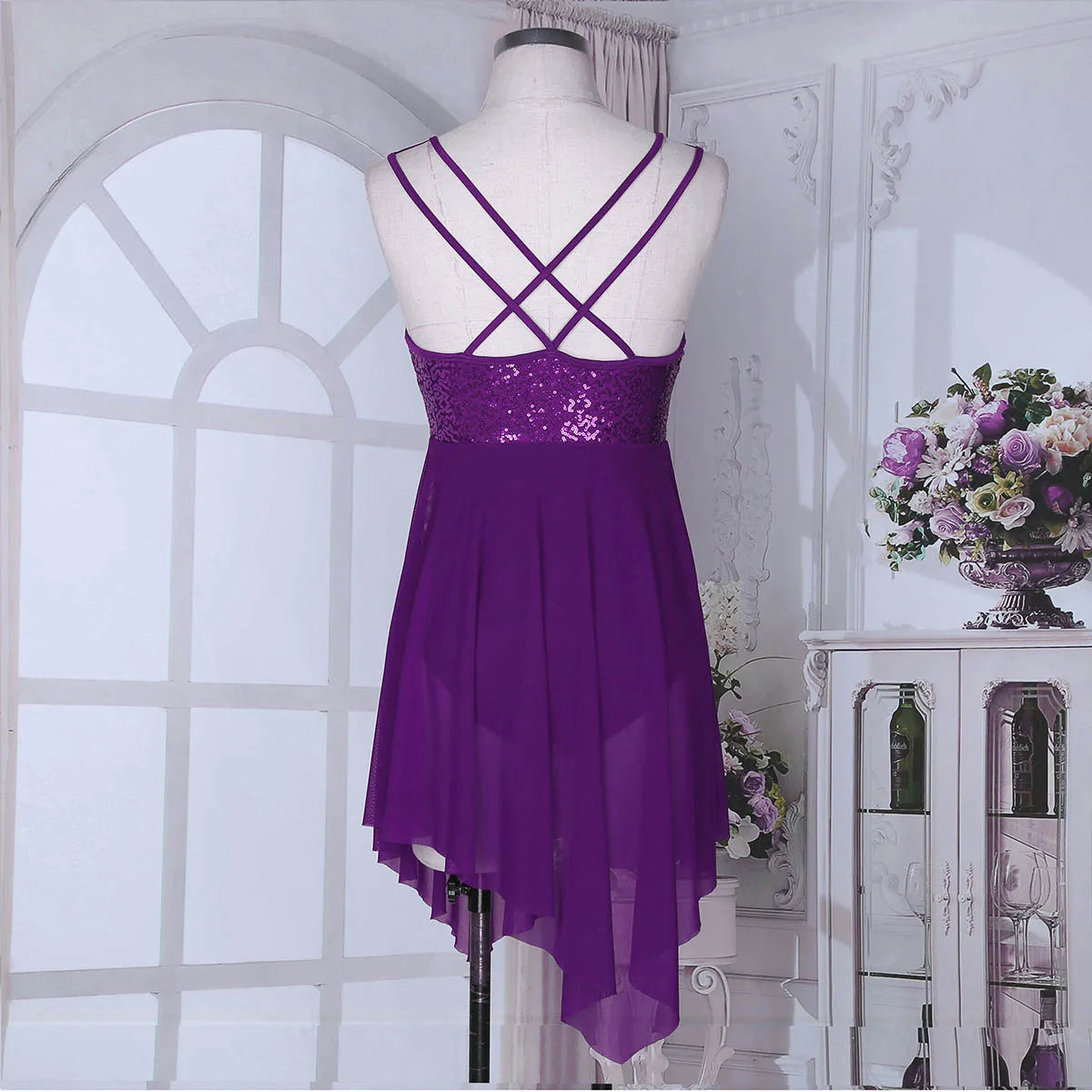 Sleeveless Sequin Ballet Dress for Women – Lyrical Dance Leotard with Crisscross Back and Asymmetrical Mesh Skirt