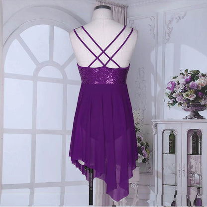 Sleeveless Sequin Ballet Dress for Women – Lyrical Dance Leotard with Crisscross Back and Asymmetrical Mesh Skirt