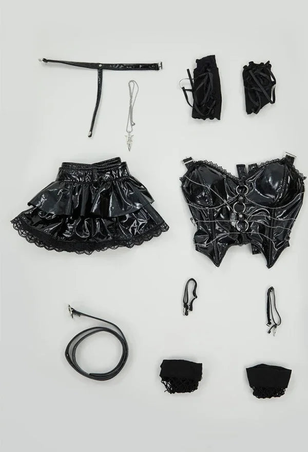 Gothic Misa Cosplay Lingerie Set – Black Cami Top, Mini Skirt, Sleeves, Stockings & Accessories