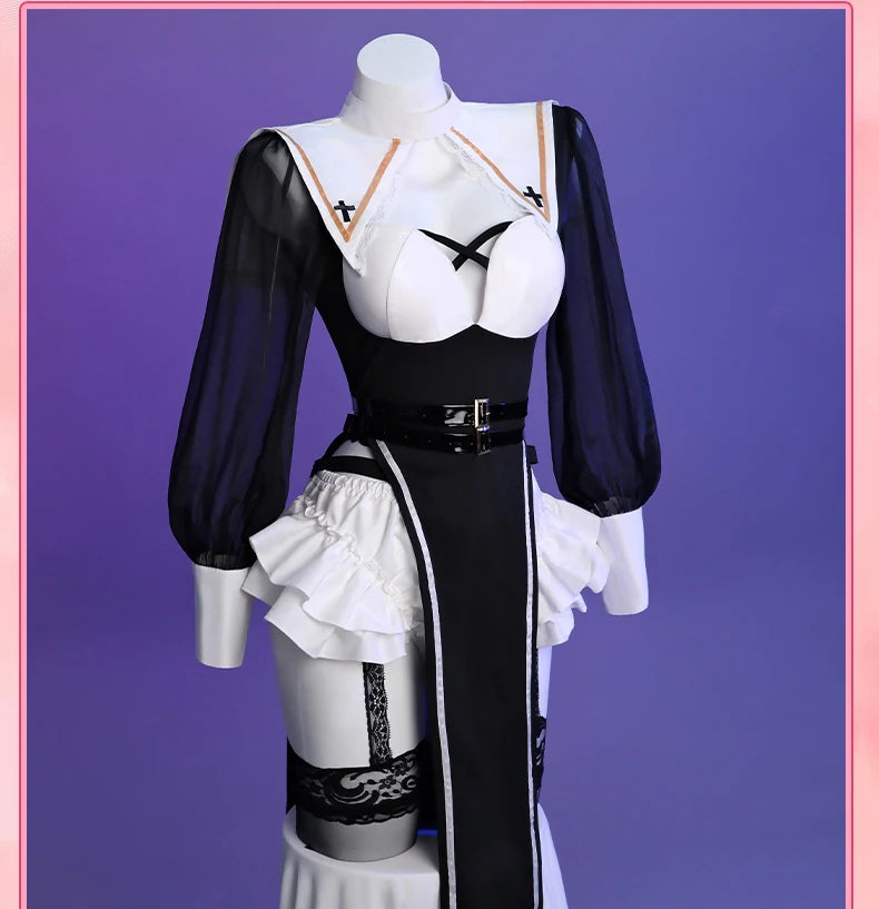 Sexy Nun Halloween Costume Set for Women – Black Dress, Belt, Stockings, Headscarf & Accessories