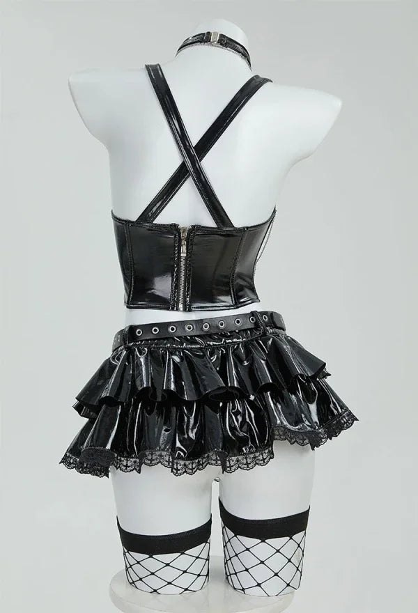Gothic Misa Cosplay Lingerie Set – Black Cami Top, Mini Skirt, Sleeves, Stockings & Accessories