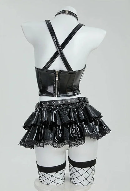 Gothic Misa Cosplay Lingerie Set – Black Cami Top, Mini Skirt, Sleeves, Stockings & Accessories