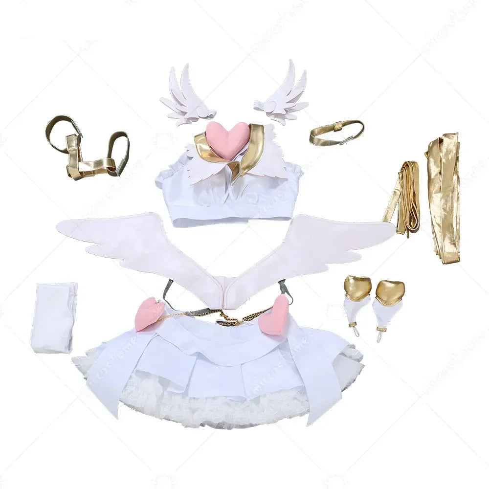 White Anime Cosplay Costume Set for Women – Winged Top, Skirt, Leg Straps & Accessories (S–XL)