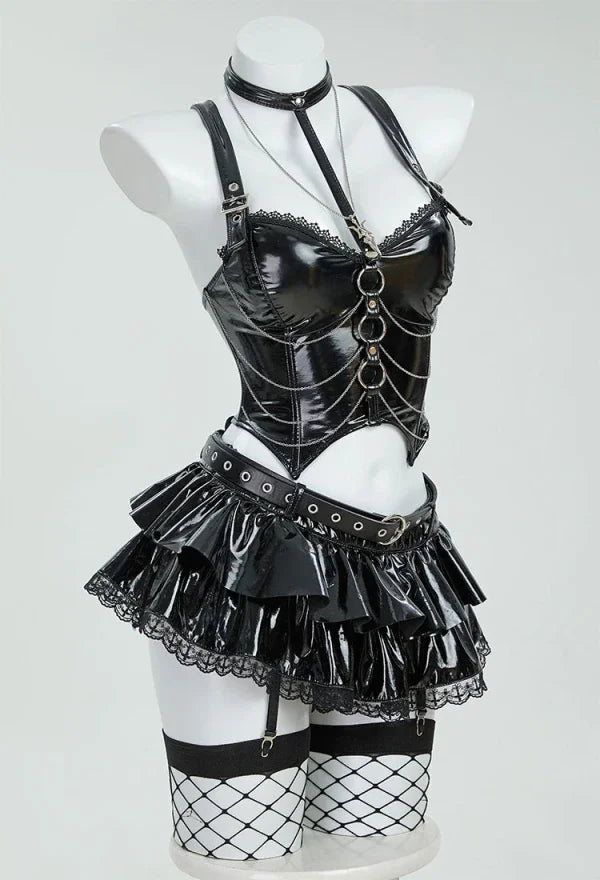 Gothic Misa Cosplay Lingerie Set – Black Cami Top, Mini Skirt, Sleeves, Stockings & Accessories