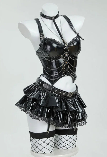 Gothic Misa Cosplay Lingerie Set – Black Cami Top, Mini Skirt, Sleeves, Stockings & Accessories