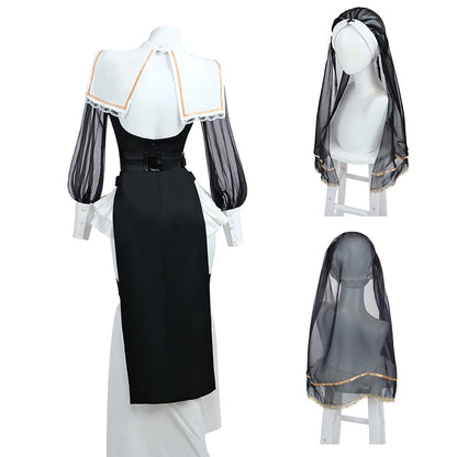 Sexy Nun Halloween Costume Set for Women – Black Dress, Belt, Stockings, Headscarf & Accessories