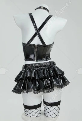 Gothic Misa Cosplay Lingerie Set – Black Cami Top, Mini Skirt, Sleeves, Stockings & Accessories