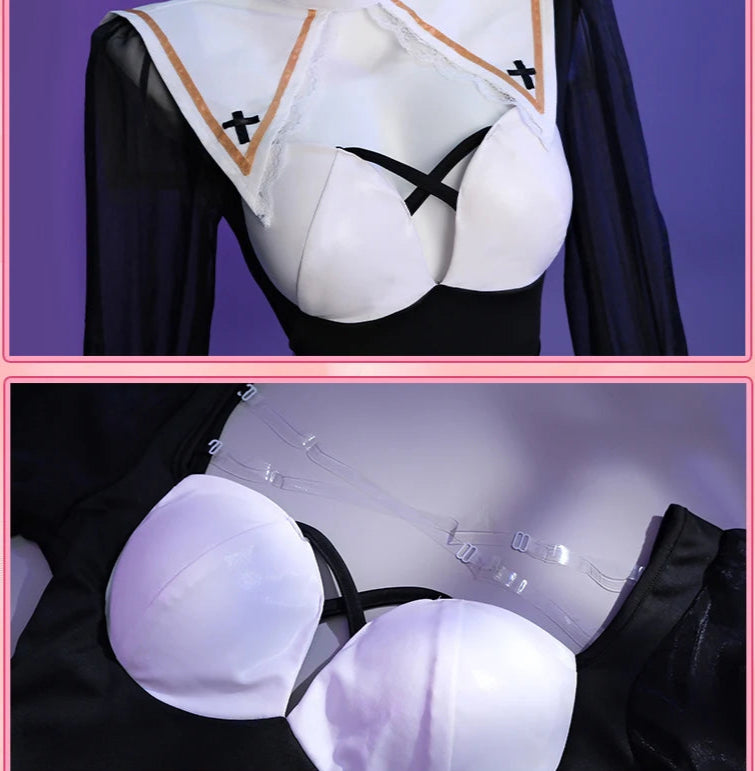 Sexy Nun Halloween Costume Set for Women – Black Dress, Belt, Stockings, Headscarf & Accessories