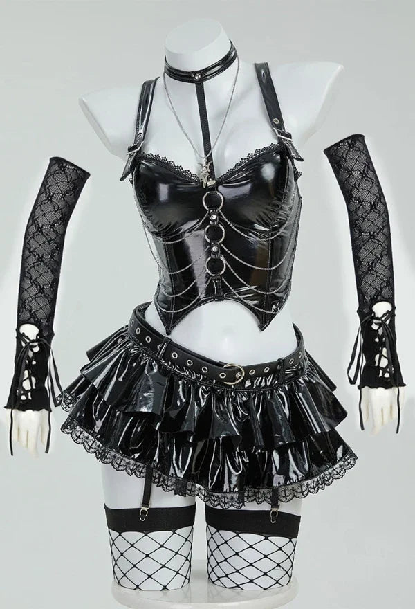 Gothic Misa Cosplay Lingerie Set – Black Cami Top, Mini Skirt, Sleeves, Stockings & Accessories