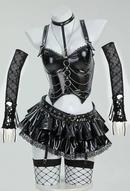 Gothic Misa Cosplay Lingerie Set – Black Cami Top, Mini Skirt, Sleeves, Stockings & Accessories