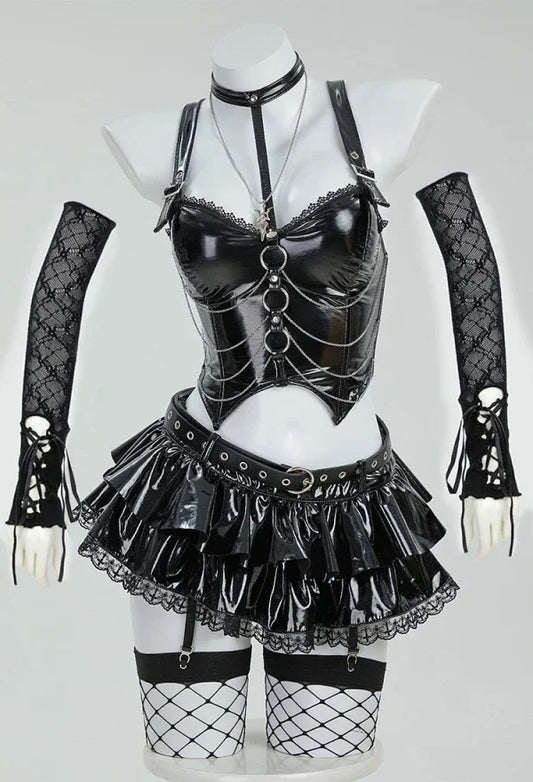 Gothic Misa Cosplay Lingerie Set – Black Cami Top, Mini Skirt, Sleeves, Stockings & Accessories