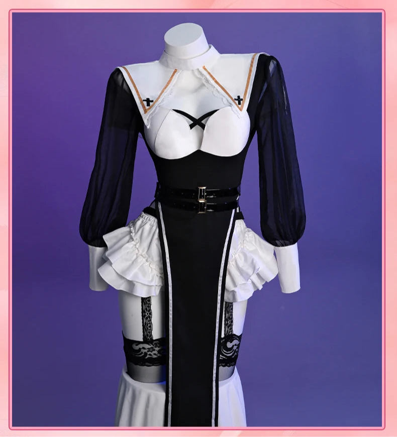 Sexy Nun Halloween Costume Set for Women – Black Dress, Belt, Stockings, Headscarf & Accessories