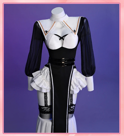 Sexy Nun Halloween Costume Set for Women – Black Dress, Belt, Stockings, Headscarf & Accessories