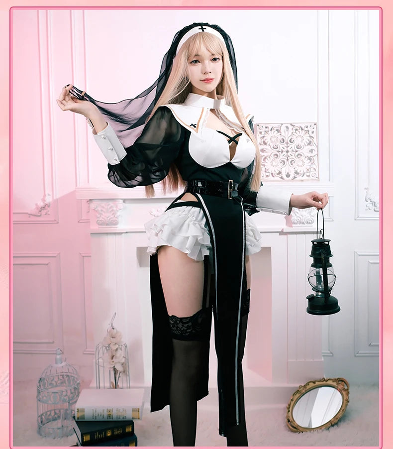 Sexy Nun Halloween Costume Set for Women – Black Dress, Belt, Stockings, Headscarf & Accessories