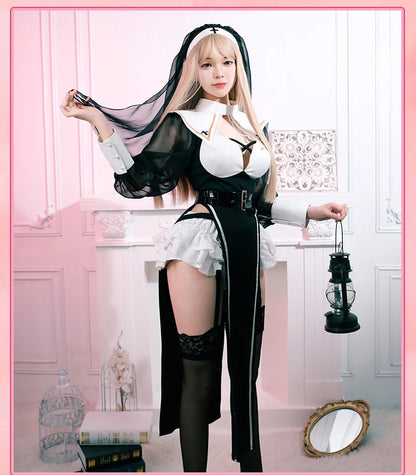 Sexy Nun Halloween Costume Set for Women – Black Dress, Belt, Stockings, Headscarf & Accessories