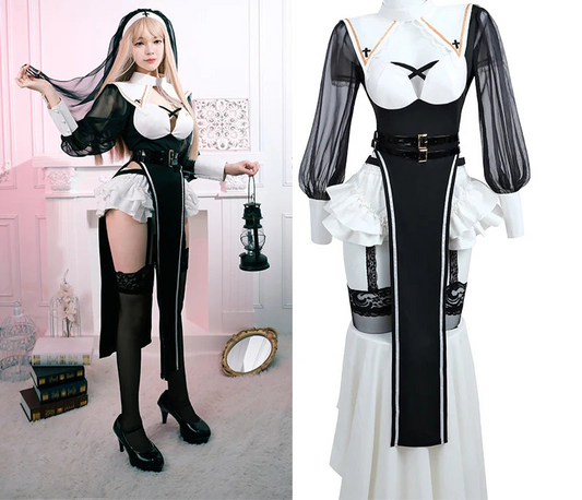 Sexy Nun Halloween Costume Set for Women – Black Dress, Belt, Stockings, Headscarf & Accessories