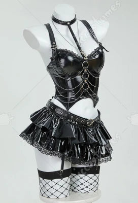 Gothic Misa Cosplay Lingerie Set – Black Cami Top, Mini Skirt, Sleeves, Stockings & Accessories