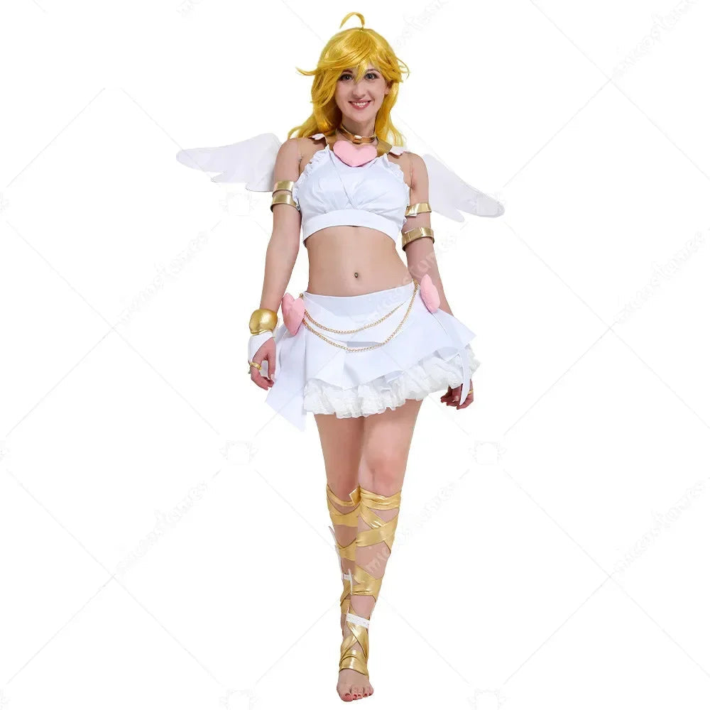 White Anime Cosplay Costume Set for Women – Winged Top, Skirt, Leg Straps & Accessories (S–XL)