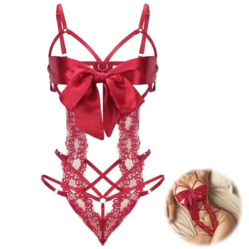 Red Satin Bow Tie Lingerie Set – Unwrap Me Valentine’s Outfit with Smooth Ribbon and Lace